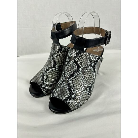 Vionic Kaia Mules Heels Snakeprint Reptile Black White 8.5 Ankle Strap Open Toe - Picture 2 of 14